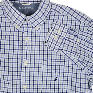 Nautica Mens Large Button Down Shirt Long Sleeve White Blue‎ Plaid Check Cotton